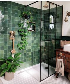 a bathroom with green tiles and a plant in the corner, next to a shower stall