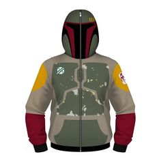 the hoodie is designed to look like boba fett from star wars, and has