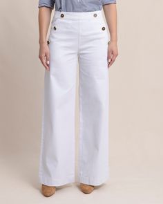 Make your sailing style dreams a reality with the Thalia wide-leg Sailor pant. Featuring side-slash pockets, an eye-catching wide-leg design, and an anchor-themed button detailing for a nautical touch. The zipper can be found hidden along the side, and the back welt pockets add to the structured effect. Cotton material with a hint of stretch makes these pants a comfortable option for all-day wear. Style: 11092 Pants Sewing Pattern Free, Sailing Style, Father Son Outfits, Sailing Fashion, Sewing Pattern Free, Womens Matching Sets, Classic White Dress, Pants Sewing, Sewing Fashion