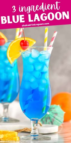 two blue lagoon cocktails with lemon slices and cherries