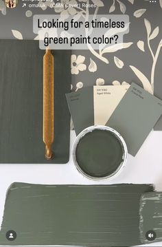 some green paint is sitting on top of a table with a brush and color swatches