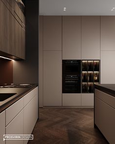 a modern kitchen with wood flooring and white cabinets