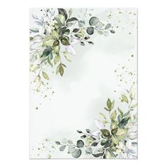 a white background with green leaves and watercolors on the bottom half of it