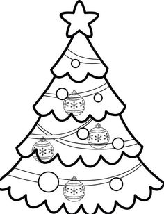 a christmas tree with ornaments on the top and decorations around it, in black and white