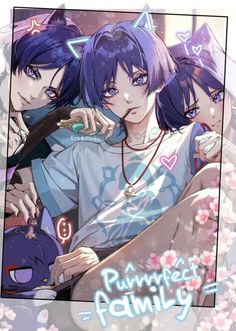 three anime characters with purple hair and blue eyes, one is holding an arm around the other