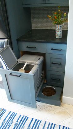 a dog bowl is in the bottom drawer of a kitchen cabinet that's open