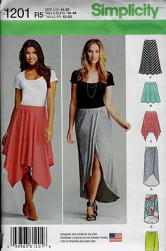 a women's skirt and top sewing pattern, with two different skirts on each side