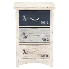 a white wooden cabinet with two drawers and an anchor painted on the bottom drawer, no 2