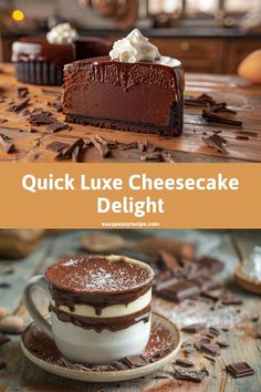 A luscious slice of chocolate cheesecake and a decadent cheesecake mug cake topped with whipped cream and chocolate shavings. Mug Cake Recipe, Velvet Cheesecake, Easy Peasy Recipes, Red Velvet Cheesecake, Homemade Cheesecake, Mug Recipes