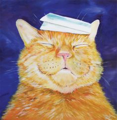 a painting of a cat with a hat on its head and it's eyes closed