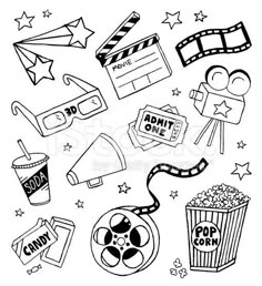 black and white hand drawn doodle style movie related items, such as popcorn, film clapper, soda can, star shaped glasses, popcorn buckets