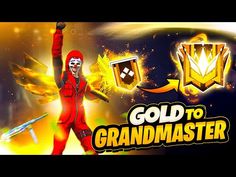 a man in red jumpsuit holding his arms up with both hands, and the words gold to grandmaster above him