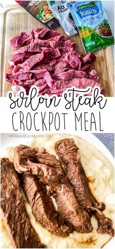 steak, potatoes and gravy on a cutting board with the words slow - cooked crockpot meal