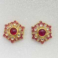 "Polish                                           Stone                                                  Style                             Meena  \"22K Yellow  gold plating \"AAA quality Simulated Ruby & polkiHand coloured  ( Meena )              Red \"22K Yellow  gold plating \"AAA quality Simulated Ruby & polkiHand coloured  ( Meena )           Green \"22K Yellow  gold plating \"AAA quality Simulated Ruby & polkiHand coloured  ( Meena )             Blue  \"22K Yellow  gold plating \"AAA qualit Festive 22k Gold Red Earrings, Round Meenakari Earrings For Puja, Meenakari Earrings For Puja, Round Shape, Meenakari Round Earrings For Puja, Meenakari Earrings For Puja, Bollywood Style Gold Plated Earrings For Puja, 22k Gold Cutdana Earrings For Gift, Red Gold Plated Earrings For Festivals, Bollywood Round Earrings For Puja