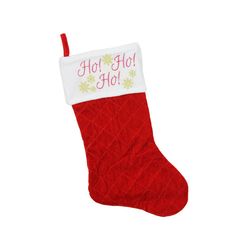 a red christmas stocking with the words hot hol on it's side