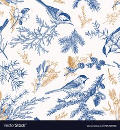 blue and gold bird pattern on white background for wallpaper, fabric or bedding