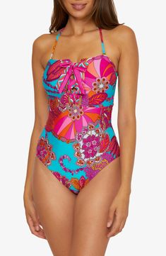 Matching fabric ties cross at the front of this vacation-ready one-piece swimsuit finished with a removable halter strap. Ties at front Removable, adjustable halter strap Moderate back coverage Lined 83% nylon, 17% spandex Hand wash, line dry Imported Bandeau One Piece Swimsuit, Floral One Piece Swimsuit, 60s Fashion, Sweetheart Neck, Trina Turk, Fall Collections, One Piece Swimsuit, Fitness Models, Size 4