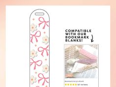 the bookmark has pink bows on it and is next to an advertise