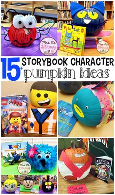 the storybook character pumpkin figurines are featured in this collage