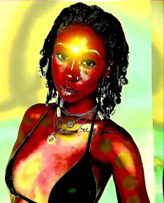 a digital painting of a woman with red and yellow paint on her body, wearing a bra