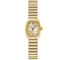 Anything but square, this rectangle and oval expansion watch keeps you running on time with its sleek goldtone style. From Caravelle New York by Bulova. Gold Analog Watch With Rectangular Face, Classic Oval Gold Watches, Bulova Watches Women Gold, Bulova Womens Watches, Bulova Crystal Watch, The Expanse, On Time, Bracelet Watch, Jewelry Watches