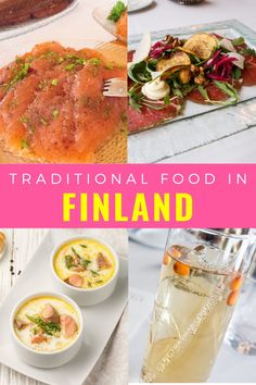 there are many different foods and drinks in this collage with the words, traditional food in finland