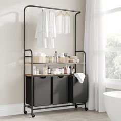 a bath room with a tub and a shelf