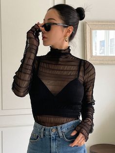 Black Mesh Top Outfit, Mesh Shirt Outfit, Mesh Top Outfit, Queen Outfits, Without Bra, Black Mesh Top, Cute Shirt Designs, Layering Outfits, Petite Outfits