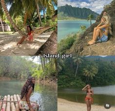 four different pictures of women in bikinis sitting on the beach and standing next to palm trees