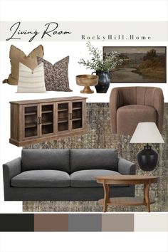 living room design board with furniture and accessories