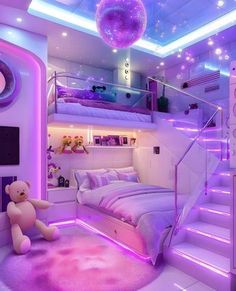 a bedroom with purple lighting and a teddy bear