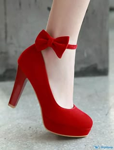 OrcaJump - Womens Red Bow Tie High Heel Ankle Strap Platform Sandals - Preppy, Classic, and Sweet for Spring, Summer, Sandals Preppy, Sepatu Pump, Red Bow Tie, Heels Online, Red High Heels, Womens Chunky Heels, Classic Preppy, Fancy Shoes, Faux Leather Heels