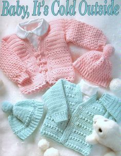 three knitted sweaters and two teddy bears on a white surface