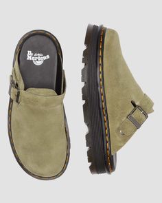 Zebzag Suede Casual Slingback Platform Mules in Muted Olive | Dr. Martens Shoes For Women Casual Everyday, Dr Martens Slingback, Suede Doc Martens, Fall Walking Shoes, Dr Martin Mules Outfit, Styling Platform Doc Martens, Fall Shoe Ideas, Dr Martens Clogs Outfit, Dr Martens Clogs