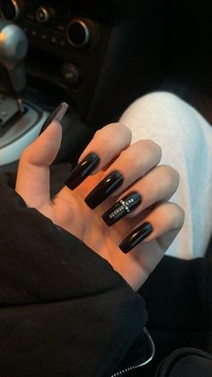 Black Prom Nails Coffin, Dark Purple And Black Nails Acrylic, Black Nail Inspired, All Black Nail Designs, All Black Nails With Rhinestones, Black Gem Nails, Long Black Acrylic Nails, Rockstar Girlfriend Nails, Cute Black Nails Ideas