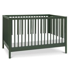 a green crib with white sheets on the bottom and side rails, against a white background