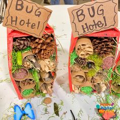 two red boxes filled with different types of plants and mushrooms sitting on top of a table