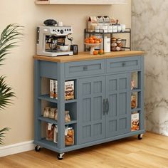 a small kitchen island with lots of food on it and shelves below the counter top