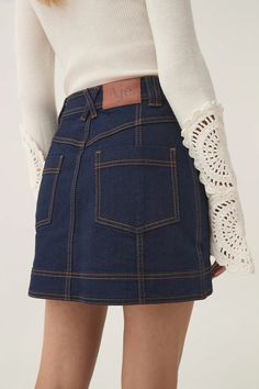 Resonance Denim Mini Skirt | Indigo | Aje – Aje ROW Mini Jean Skirt, Jumper Denim, Jumper Pants, Stretch Denim Fabric, Knit Jumpsuit, Denim Blazer, Fitted Style, Denim Accessories, Denim Midi Skirt