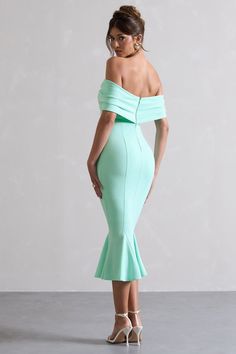 Lydia Mint Bardot Bow Detail Midi Dress – Club L London - USA Club L London, Bardot Neckline, Black Dress Prom, Black Tie Gala, Party Dress Long Sleeve, Christmas Party Dress, Bridesmaid Outfit, Black Sequin Dress, Black Velvet Dress