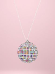 "A fun, rainbow disco ball design wooden necklace . This would make such a lovely gift! charm Measures 38 x 24mm. These printed wooden charms are made from responsibly sourced, fast-growing woods on 4mm thick Maple MDF.  18\" Necklace chains are silver plated, available in silver or gold tone.  select your chain choice from drop down menu. Faux pearl bead also can be added! Please check out my other earring designs and matching pin badges / necklaces!" Disco Accessories Jewelry, Beaded Disco Ball, Disco Ball Earrings, Disco Ball Jewelry, Disco Ball Necklace, Party Necklace, Wooden Necklace, Hippie Necklace, 70s Retro