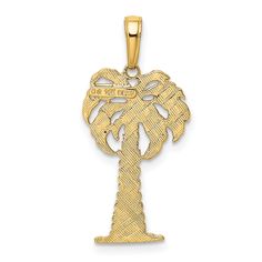 14K Yellow Gold, White Rhodium Polished Textured Finish Flat Back Men's Palm Tree Charm Pendant Palm Tree Pendant, Jewelry Charms Pendants, Gold Bar Necklace, Bow Jewelry, Initial Pendant Necklace, Hoop Earring Sets, Tree Pendant, Gold Polish, Tree Designs