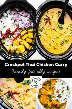 crockpot thai chicken curry family friendly recipe in the crockpot with rice and vegetables