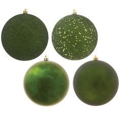 three green ornaments are shown on a white background