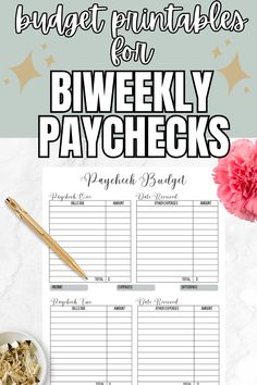 the budget printables for bw weekly paychecks is shown on a marble table