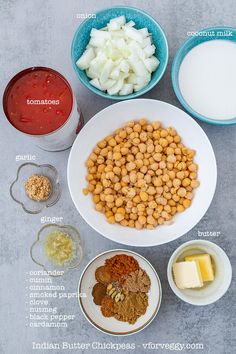 ingredients to make chickpeas are shown in bowls on a gray surface with text below