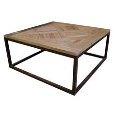 a square wooden table with metal frame and geometric pattern on the top, against a white background