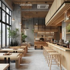 an empty restaurant with wooden tables and stools