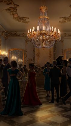 a group of people in formal wear standing around a room filled with chandeliers