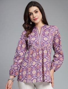 * Floral Print Mandarin Collar Pure Cotton Empire Top Printed Kurti / Embroidered Short Kurti / Indian Tunic / Summer-Spring Evening Dress / Cotton Tunic Tops * Purple regular empire top * Floral print * Mandarin collar, three-quarter, cuffed sleeves * Gathered or pleated detail * Woven cotton *Fabric:- Pure Cotton  *Wash Care:- Hand Wash AVAILABLE IN 6 SIZES THEY ARE IN FOLLOWING MEASUREMENTS IN INCHES:- XS:- Bust-34/Waist-26/Length-28 S:- Bust-36/Waist-28/Length-28 M:- Bust-38/Waist-30/Length-28 L:- Bust-40/Waist-32/Length-28 XL:- Bust-42/Waist-34/Length-28 XXL:- Bust-44/Waist-36/Length-28 NOTE ►►CUSTOMISATION We do customisation 👗✂️🥻✂️ ►►TRACKING We give full tracking to our valuable customers, you can track your package any time with tracking code provided by our shop. ►► Please feel Bohemian Straight Kurta Tops For Navratri, Bohemian Straight Kurta Top With Printed Motifs, Festive Bohemian Printed Tops, Bohemian Straight Kurta Blouse For Navratri, Purple Long Sleeve Kurta With Printed Motifs, Bohemian Kalamkari Print Top, Bohemian Style Blouse For Navratri, Festive Bohemian Floral Print Tops, Bohemian Tops With Kalamkari Print For Festive Season